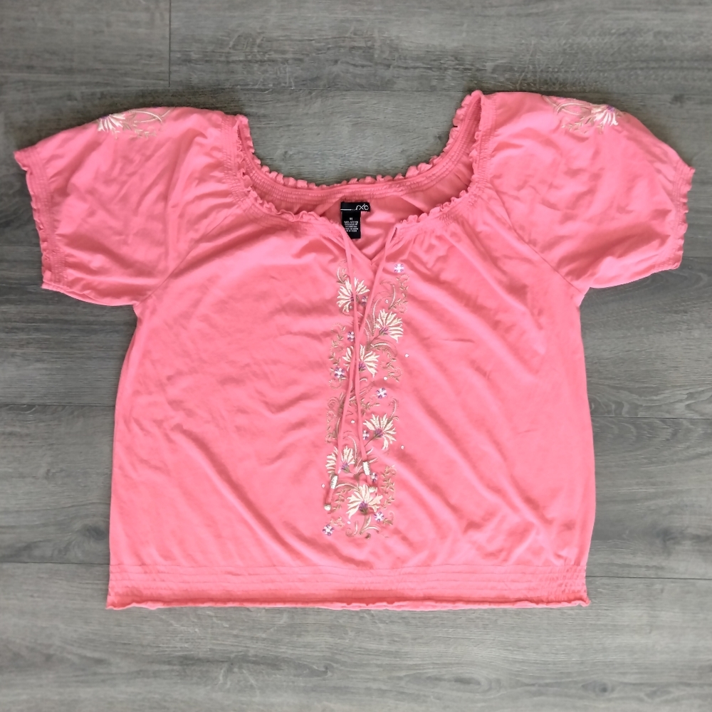 RXB Women's Embroidered Floral Short Sleeve Boho Blouse Size XL Coral Pink
